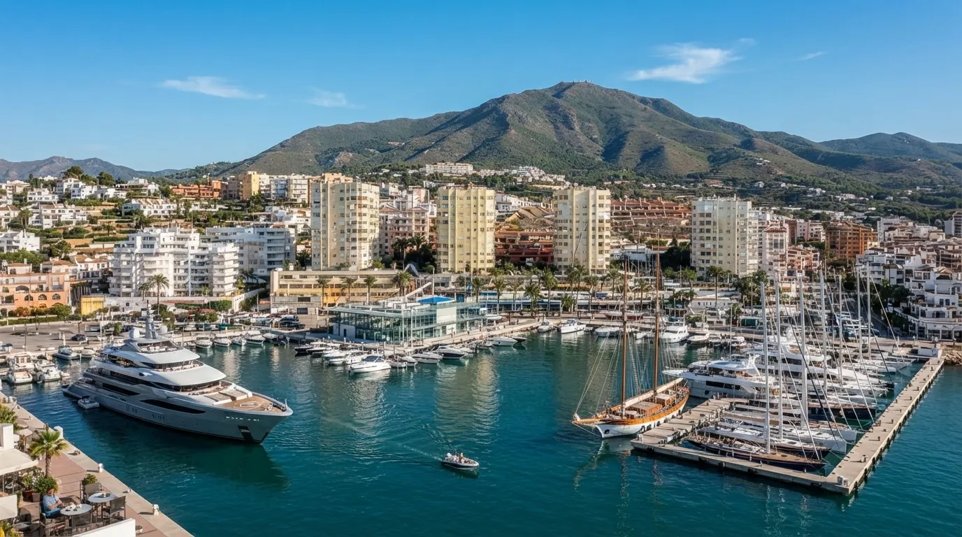 Vista panorámica de Estepona, Málaga, con el mar Mediterráneo y viviendas residenciales